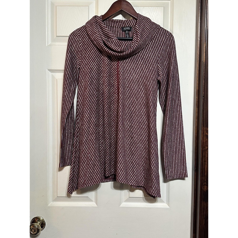 Jones New York Sweater Womens Small Burgundy Gray Striped Cowl Neck Pullover Top